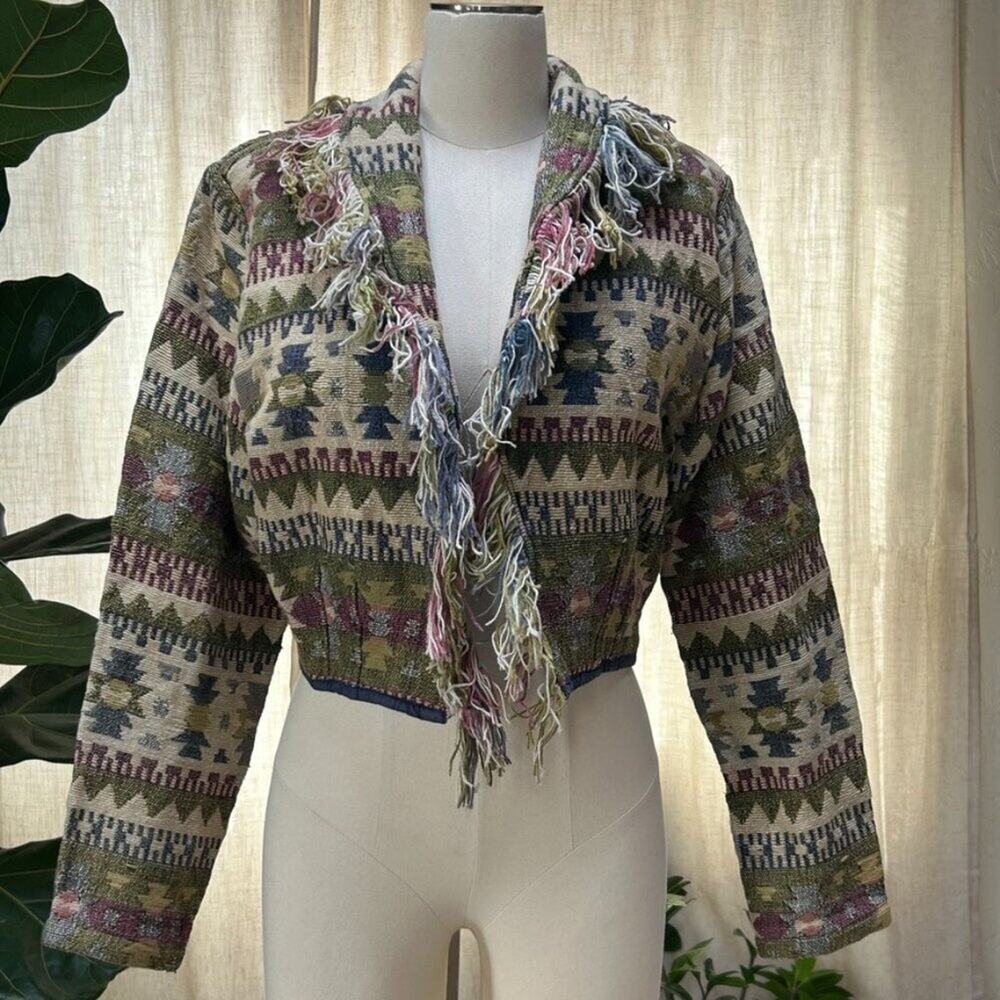 Woven-Tone Fringe Trim Cropped Jacket - Olive Multicolor